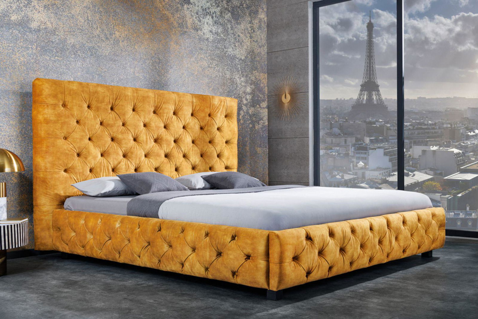 ŁÓŻKO PARIS MUSZTARDOWO ŻÓŁTY AKSAMIT 180 X 200CM / 41641 / INVICTA INTERIOR