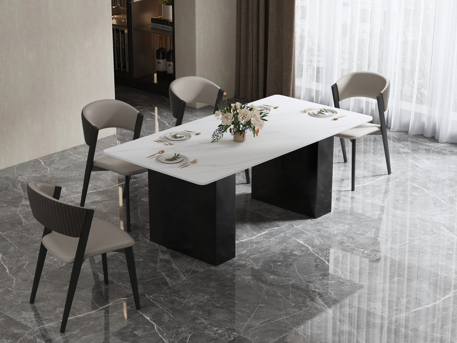 Stół z białym, marmurowym blatem i grafitowymi stalowymi nogami o prostokątnym przekroju – nowoczesny design i elegancja.