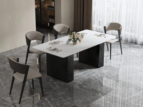 Stół z białym, marmurowym blatem i grafitowymi stalowymi nogami o prostokątnym przekroju – nowoczesny design i elegancja.