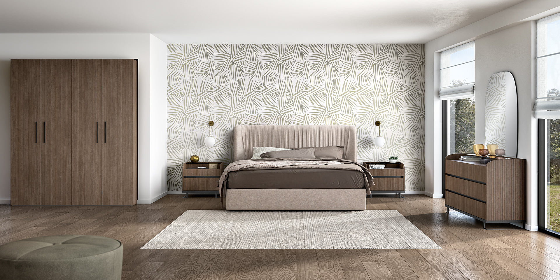 Łóżko włoskie Hexagon z pojemnikiem na pościel i plisowanym zagłówkiem w beżowej tkaninie.