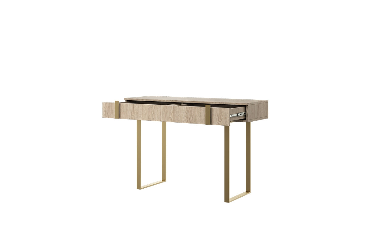 Nowoczesna konsola / toaletka Verica z metalowymi nogami 120 cm - dąb biszkoptowy / złote nóżki