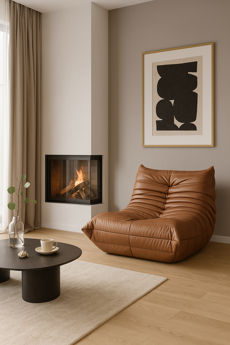 Nowoczesny fotel wypoczynkowy Nua N23-14 w kolorze karmelowego brązu z poziomym pikowaniem – idealny do salonu.