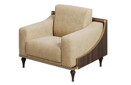 Włoski fotel Arredoclassic Romantica w beżowym aksamicie z ramą w optyce orzecha i złotymi detalami