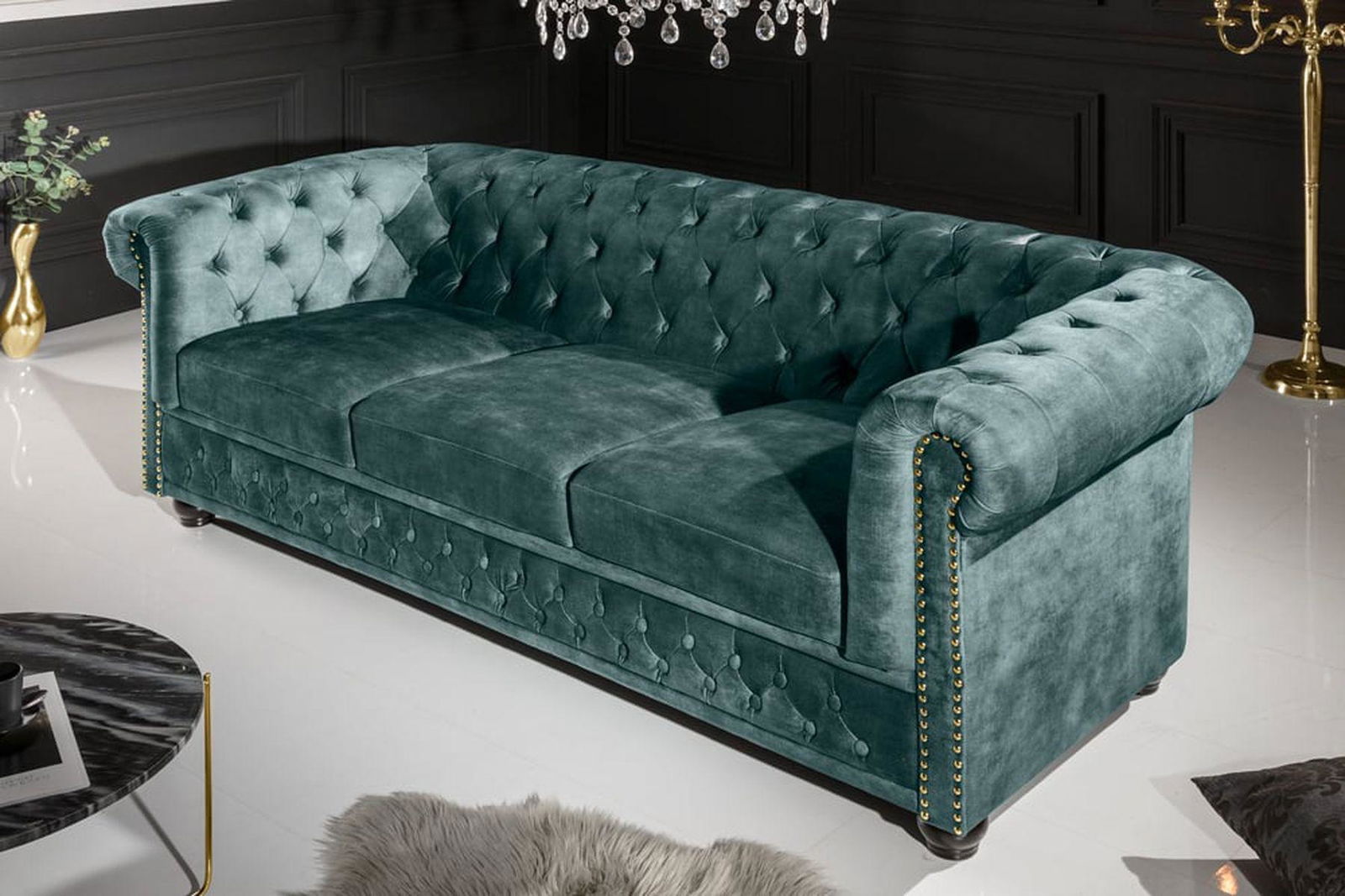 SOFA CHESTERFIELD 3 OSOBOWA AKSAMIT NIEBIESKI / 43091 / INVICTA INTERIOR