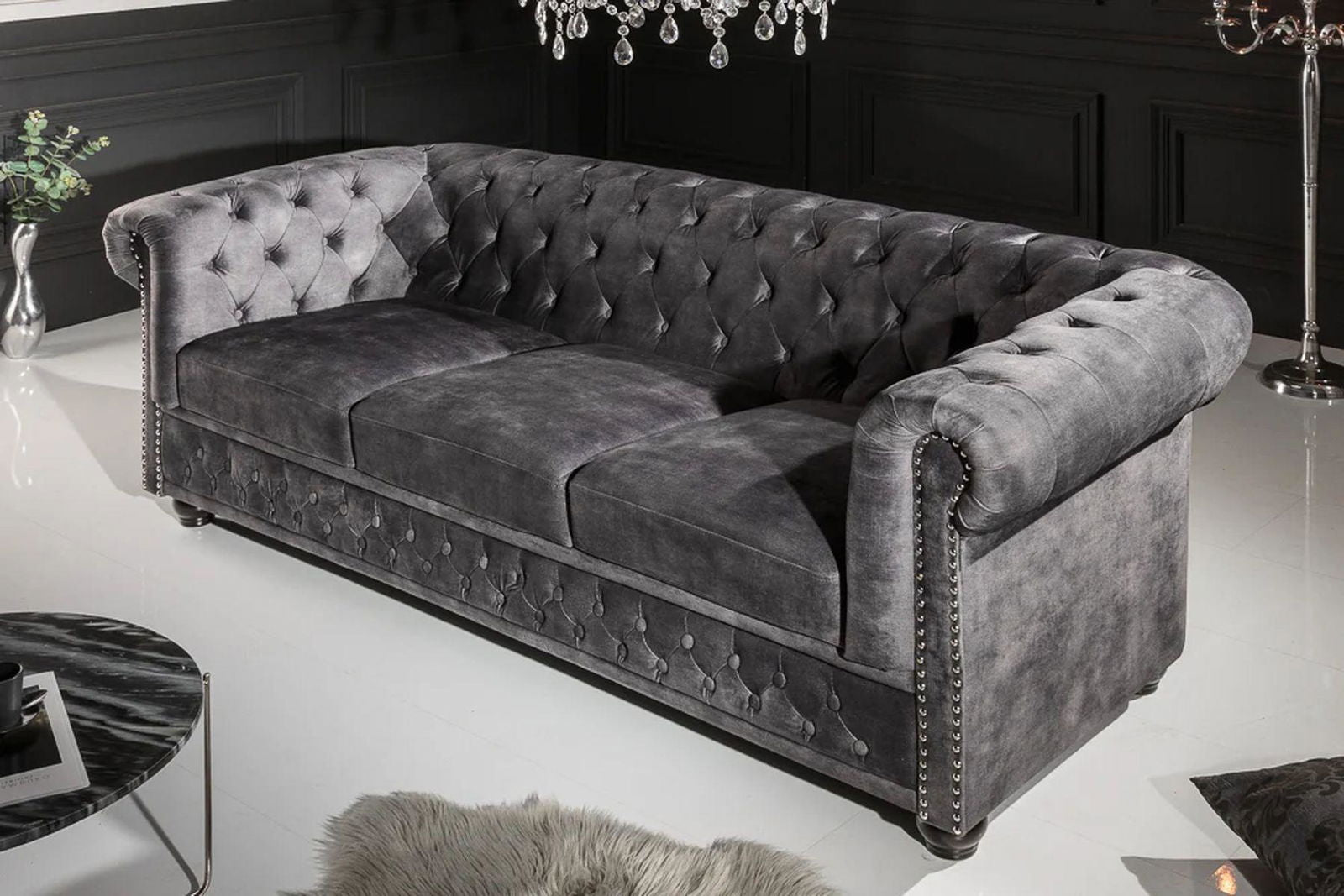 SOFA CHESTERFIELD 3 OSOBOWA SZARA AKSAMIT / 41215 / INVICTA INTERIOR