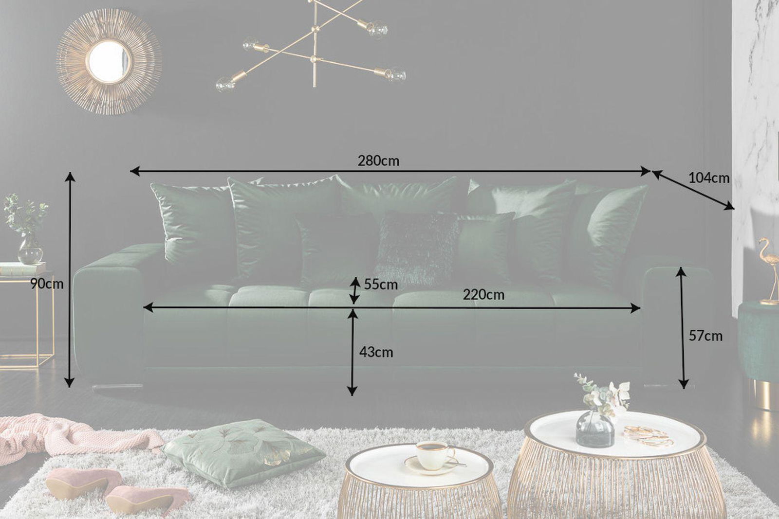 SOFA ELEGANCIA 280 CM SZMARAGDOWA ZIELEŃ / 40157 / INVICTA INTERIOR