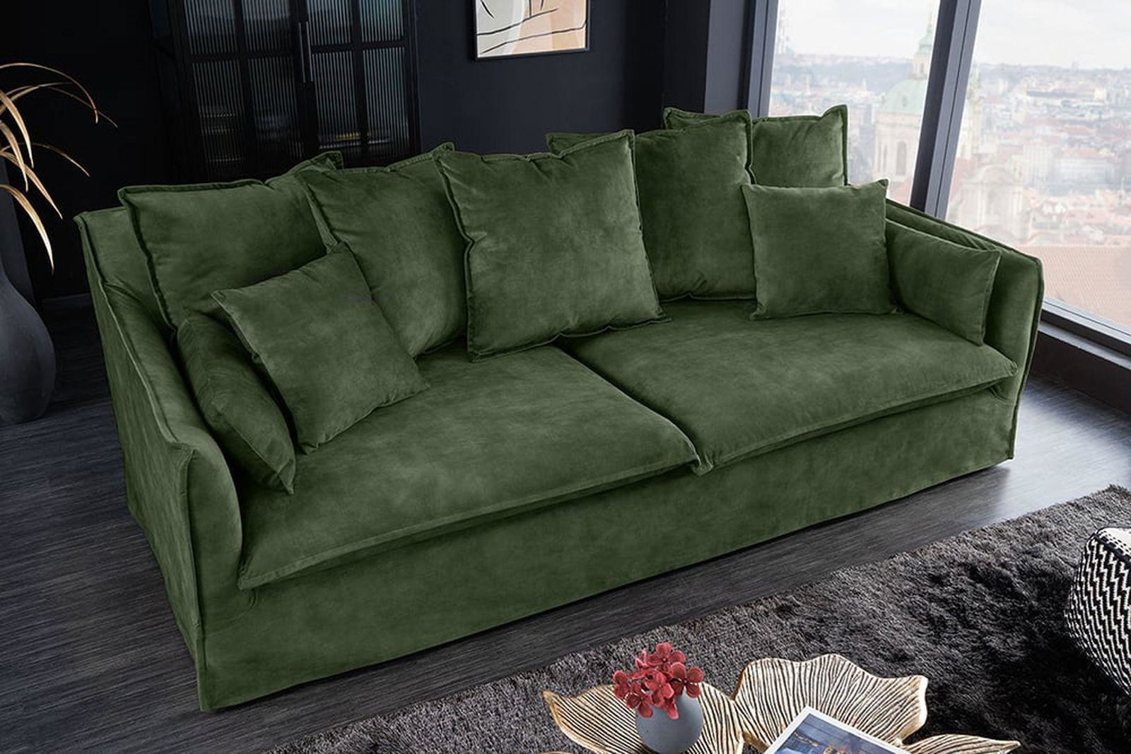 SOFA HEAVEN 3 OSOBOWA CIEMNOZIELONY AKSAMIT 215 CM / 40833 / INVICTA INTERIOR
