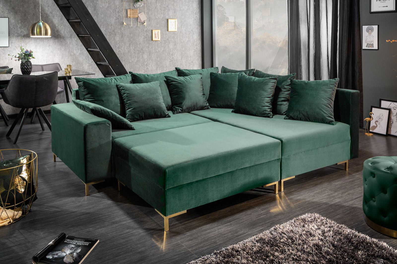 SOFA NAROŻNA LOFT SZMARAGDOWA z pufą / 39831 / INVICTA INTERIOR
