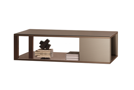 Stolik kawowy Linea prostokątny, kolor taupe, otwarta półka, ryflowany boczny panel, nowoczesny styl