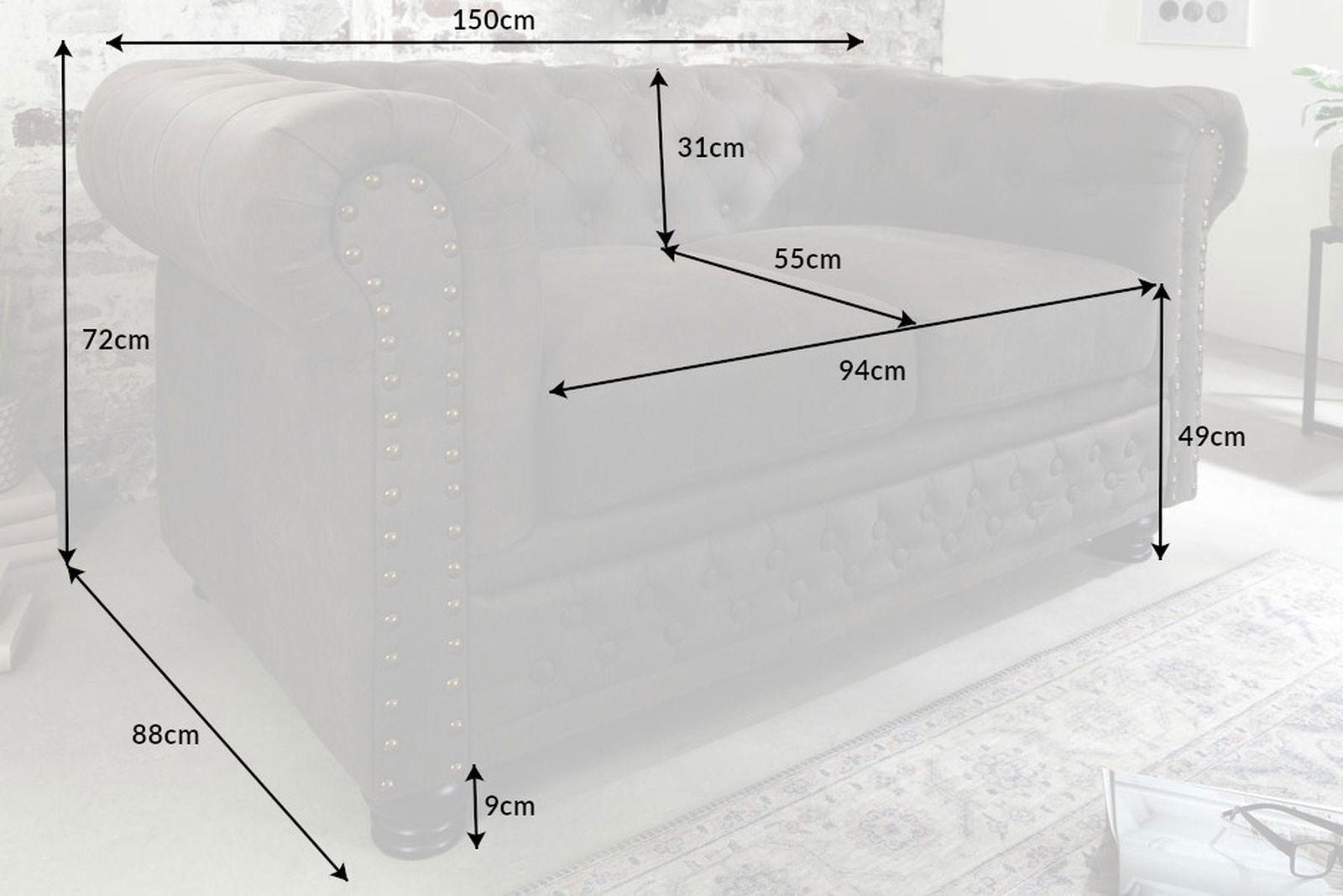 Sofa Chesterfield  2 osobowa  szara / 40518 / INVICTA INTERIOR