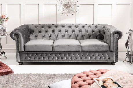 Sofa Chesterfield 3 osobowa aksamit szary / 40482 / INVICTA INTERIOR