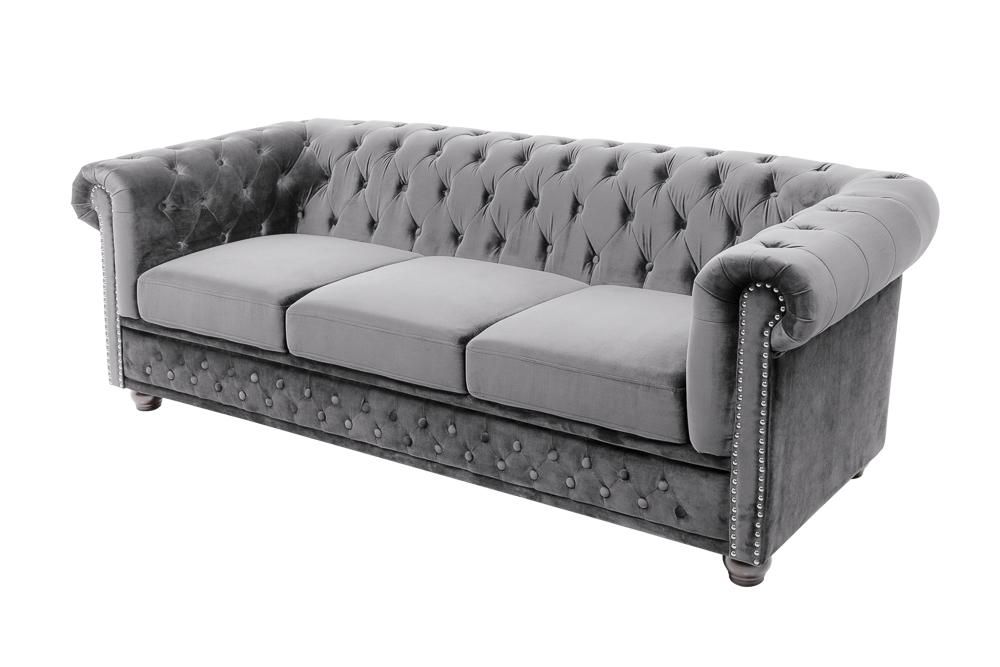 Sofa Chesterfield 3 osobowa aksamit szary / 40482 / INVICTA INTERIOR