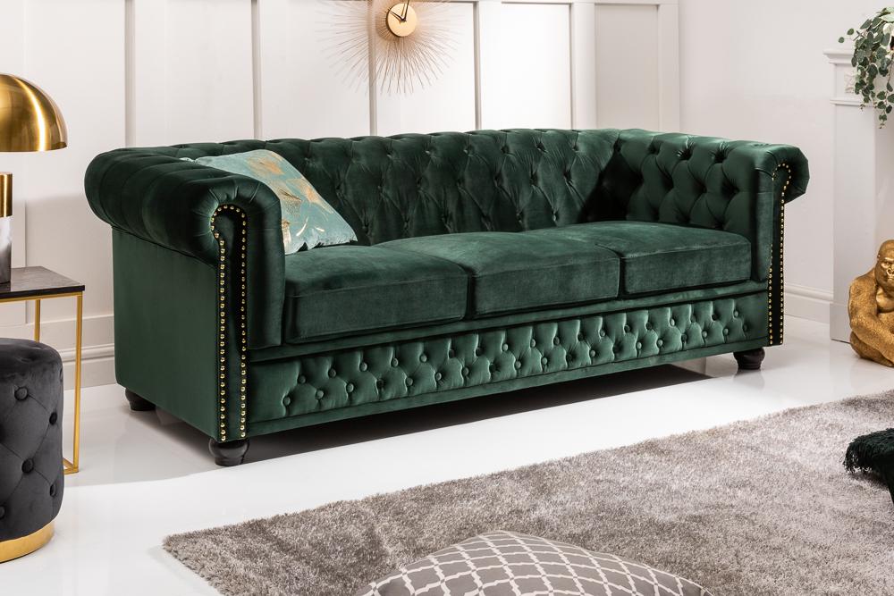 Sofa Chesterfield 3 osobowa aksamit zielony / 40483 / INVICTA INTERIOR