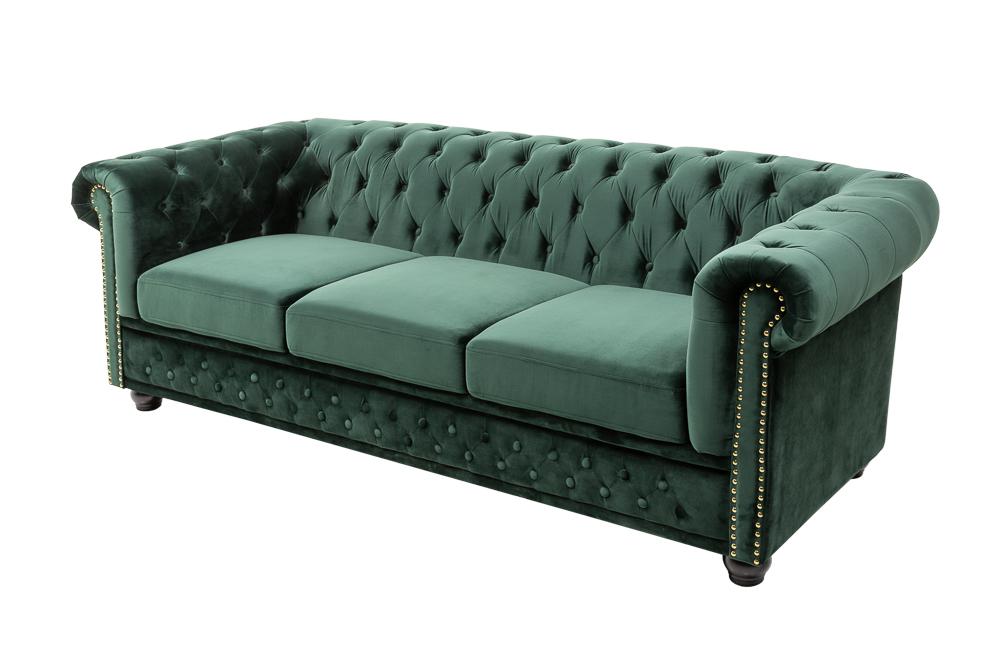 Sofa Chesterfield 3 osobowa aksamit zielony / 40483 / INVICTA INTERIOR
