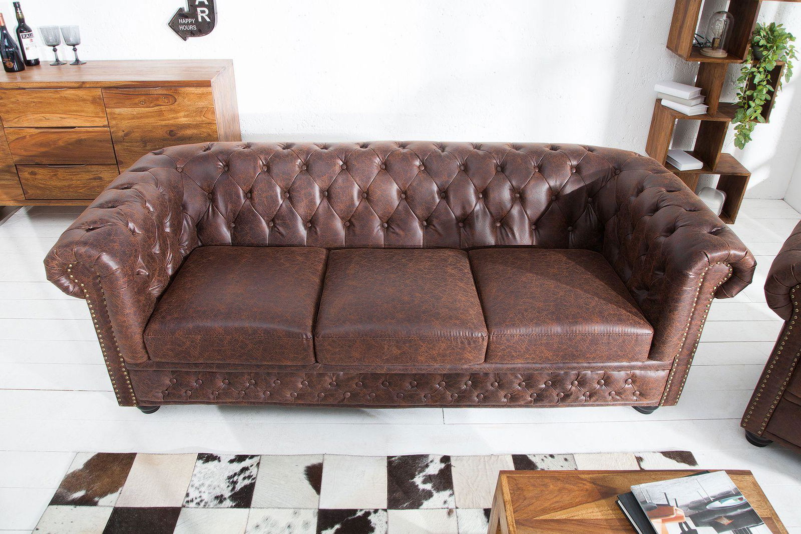Sofa Chesterfield 3 skóra brąz vintage / 37202 / INVICTA INTERIOR