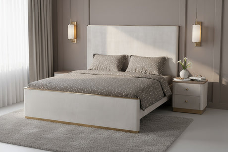 Luksusowe łóżko tapicerowane Stilig ST890K w kolorze beżowo-szarym z wykończeniem ze stali nierdzewnej w odcieniu złota, pokryte ekoskórą