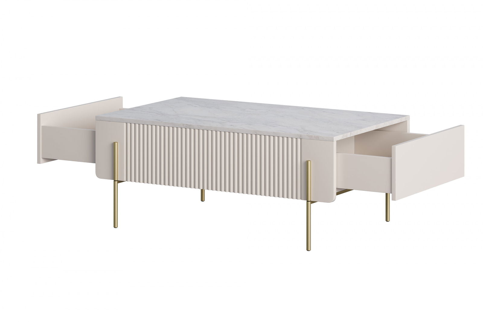Stolik kawowy Malmi 100 cm z szufladami - kaszmir / crema bianca / złote nóżki