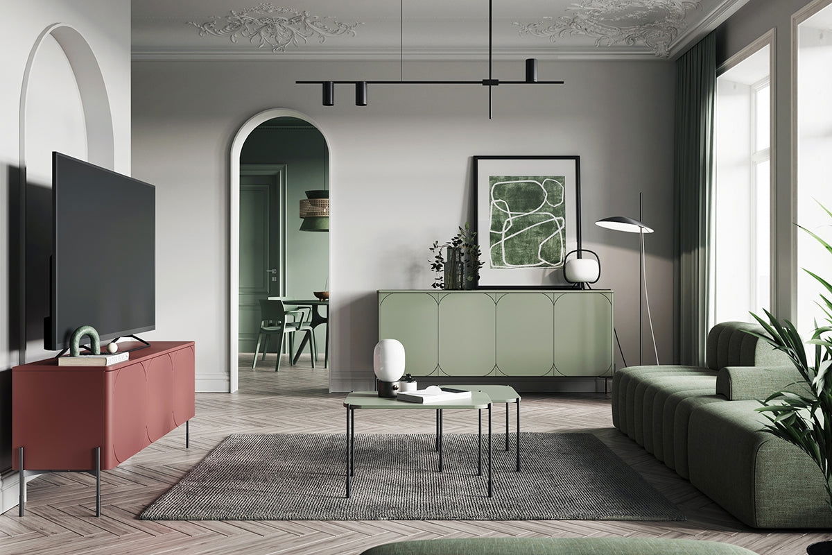 Stolik kawowy prostokątny Sonatia na metalowych nogach 60 cm - oliwka