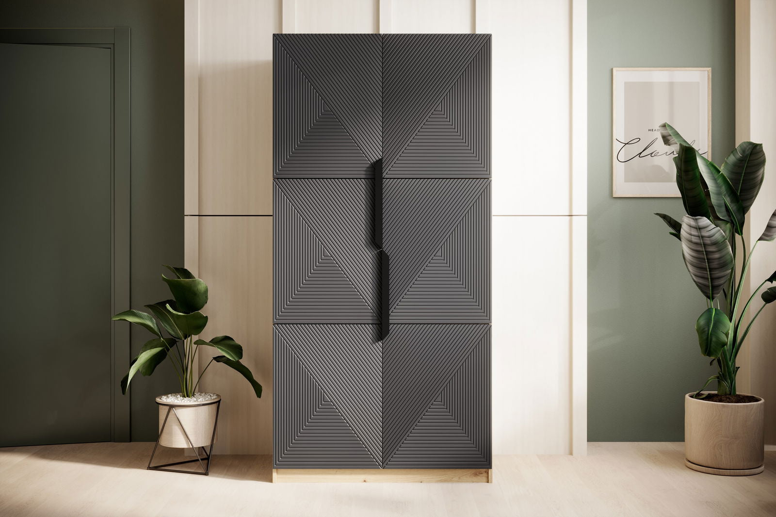 Szafa Asha z ryflowanym frontem i metalowymi uchwytami 100 cm - artisan / rivier stone mat / czarne uchwyty