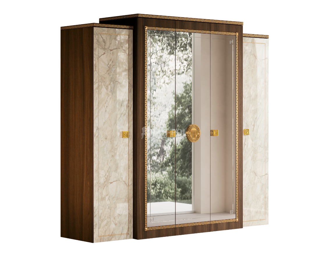 Włoska szafa Arredoclassic Romantica z marmuru Carrara i orzecha, z lustrem, szufladami i złotymi uchwytami