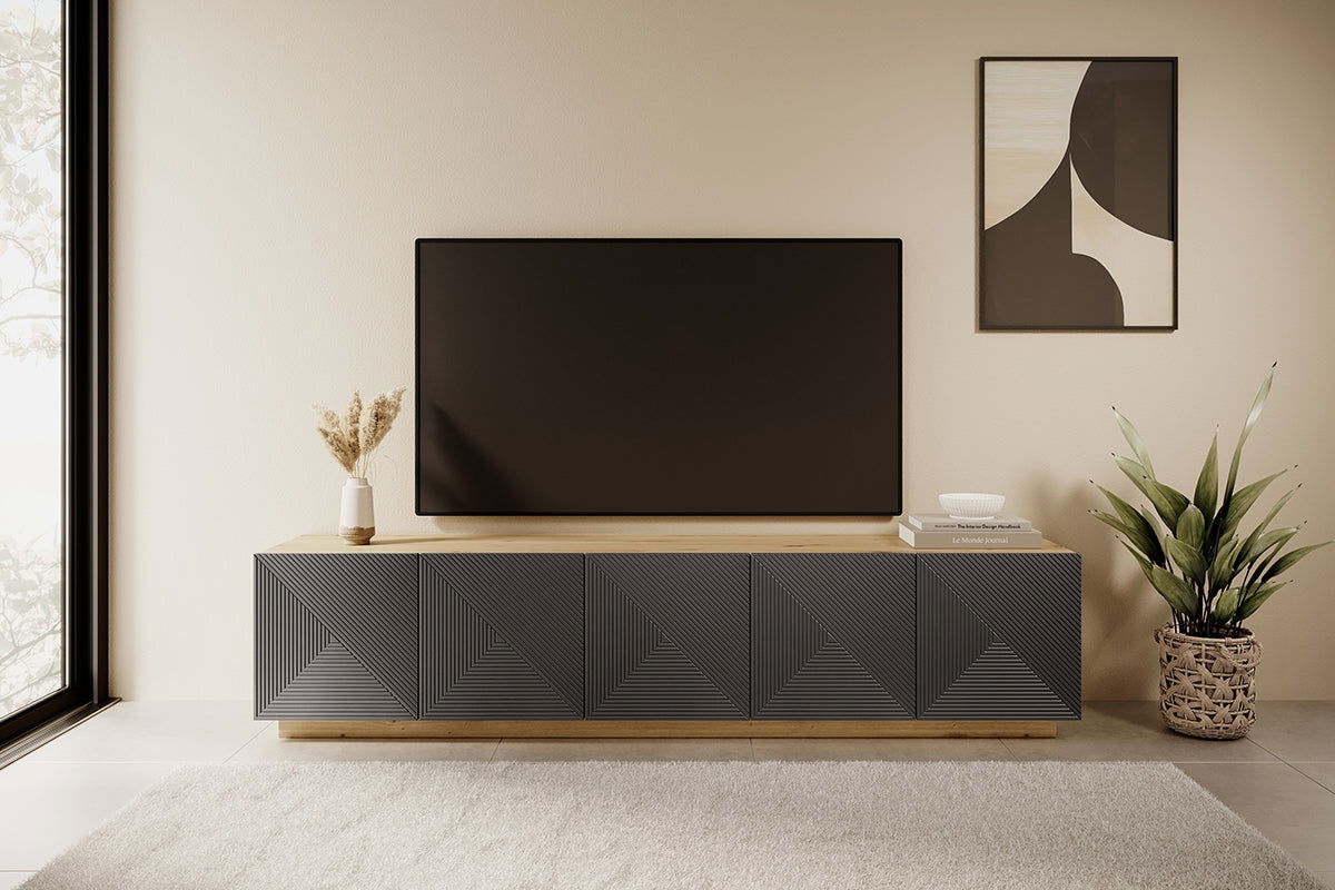 Szafka RTV Asha 200 cm pięciodrzwiowa z ryflowanym frontem - artisan / rivier stone mat