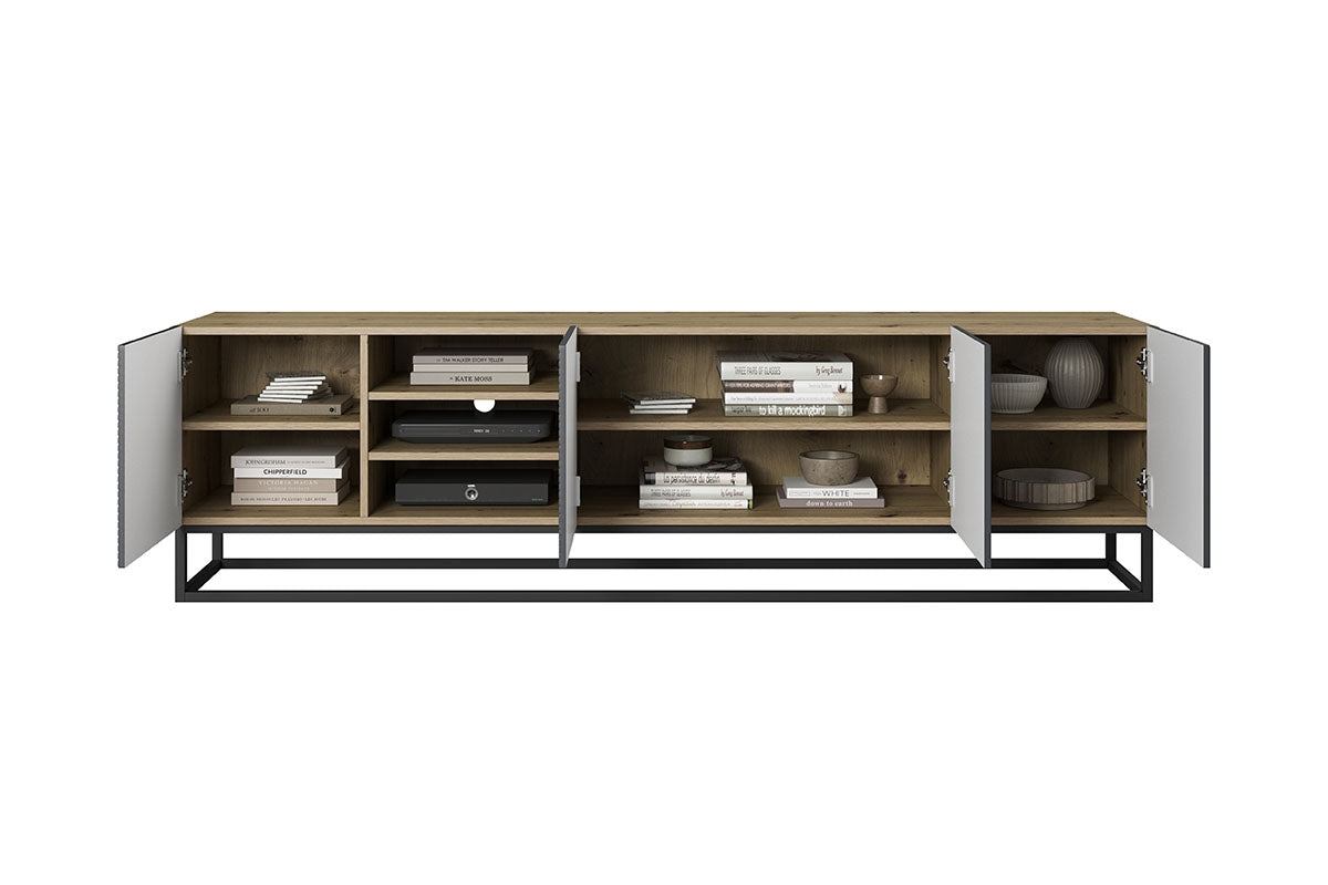 Szafka RTV Asha z ryflowanym frontem, wnękami i metalowym stelażem 200 cm - artisan / rivier stone mat
