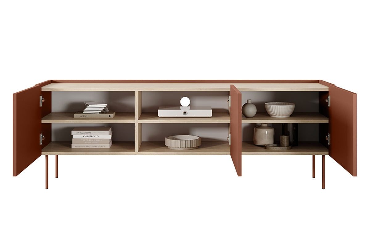 Szafka RTV Desin na metalowych nogach 170 cm - ceramic red / dąb nagano