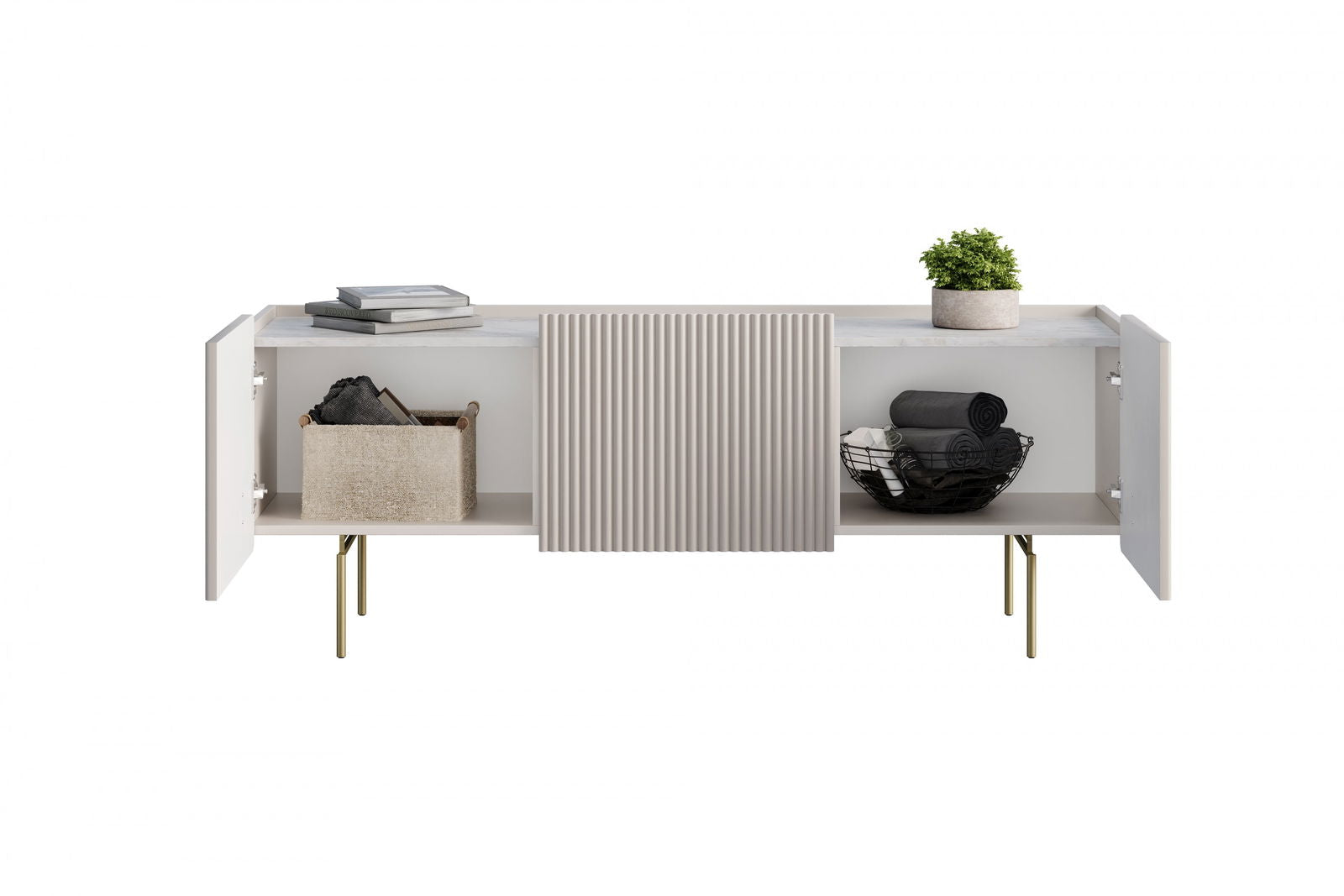 Szafka RTV Malmi 150 cm - kaszmir / crema bianca / złote nóżki