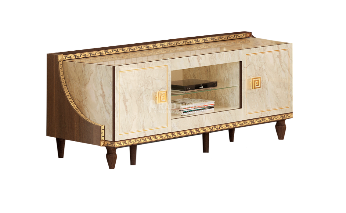 włoska szafka RTV Arredoclassic Romantica z marmuru Carrara i orzecha, ze złotymi uchwytami i szklaną półką