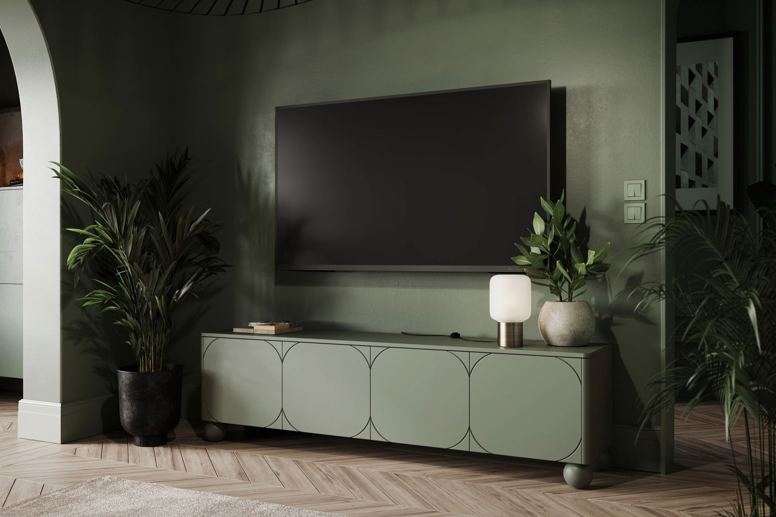 Szafka RTV Sonatia II 200 cm czterodrzwiowa z ukrytą szufladą - oliwka
