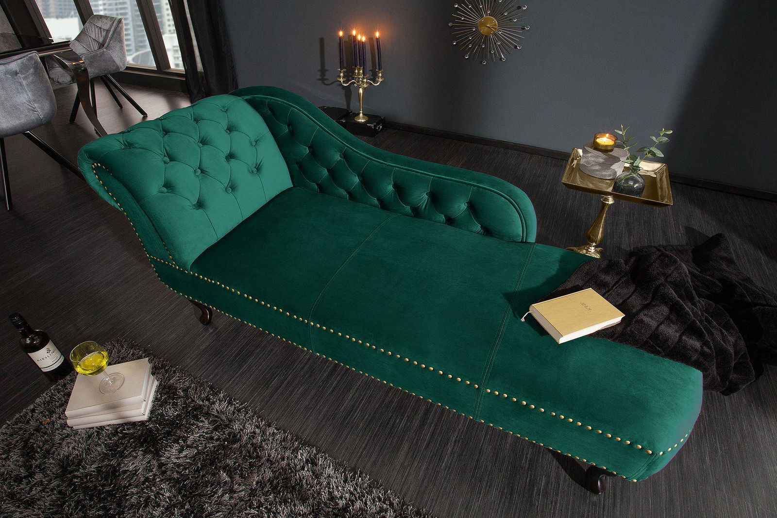 Szezlong Chesterfield szmaragdowy aksamitny / 39429 / INVICTA INTERIOR