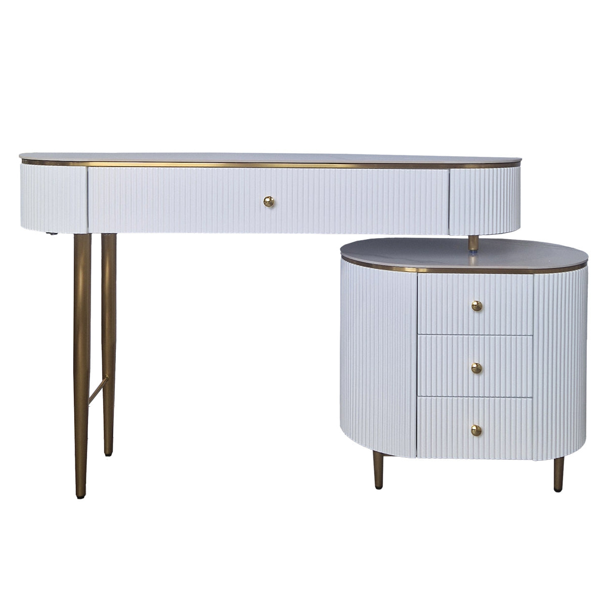 Rozsuwana toaletka Marion 120–150 cm z białym, ryflowanym MDF, marmurowym blatem , złote detale