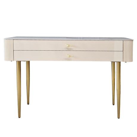 Konsola venus w kolorze beżu z mdf, złote uchwyty i podstawa ze stali nierdzewnej.