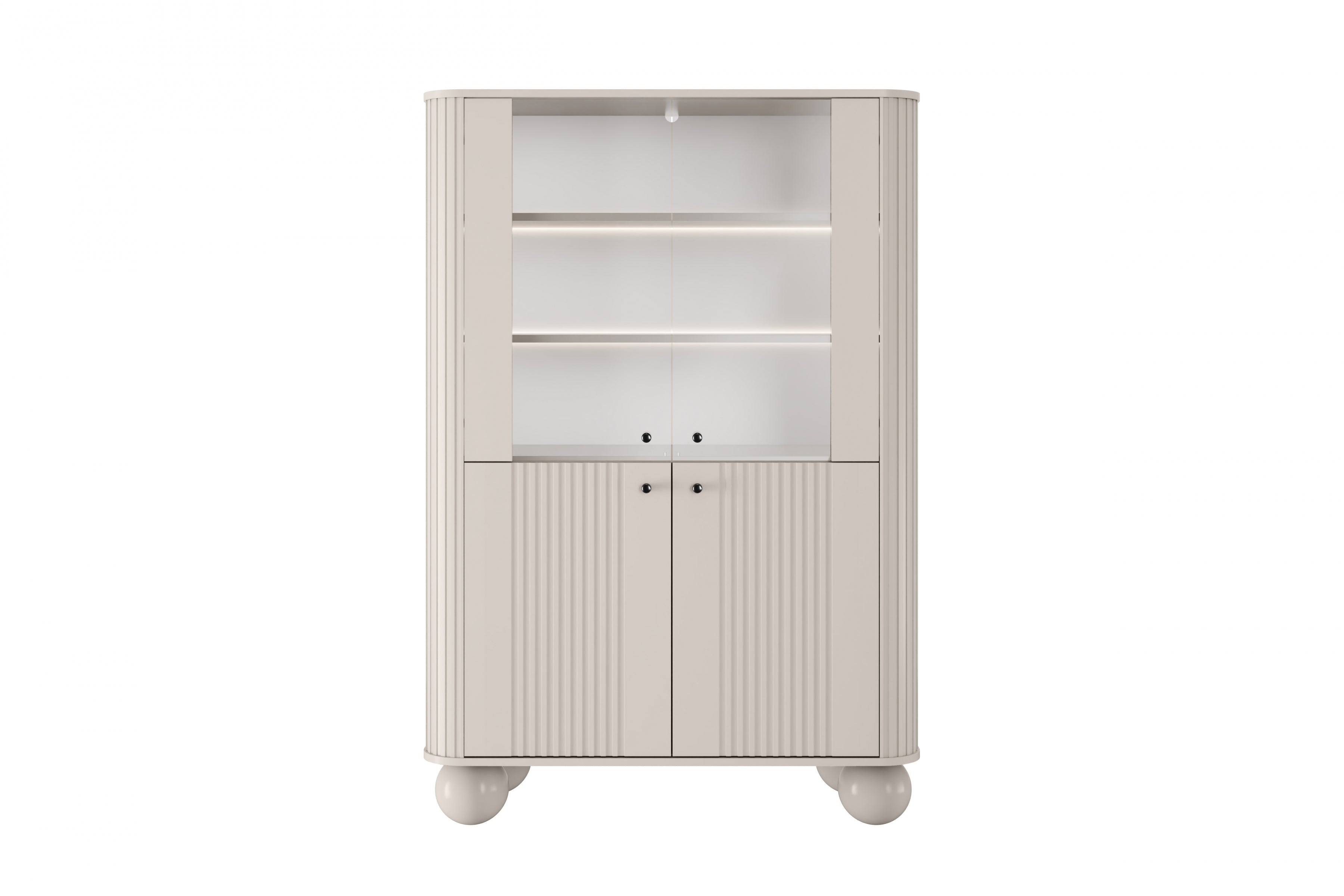 Beżowa witryna Vesper z ryflowanymi frontami, podświetleniem LED elegancki mebel do salonu i jadalni.