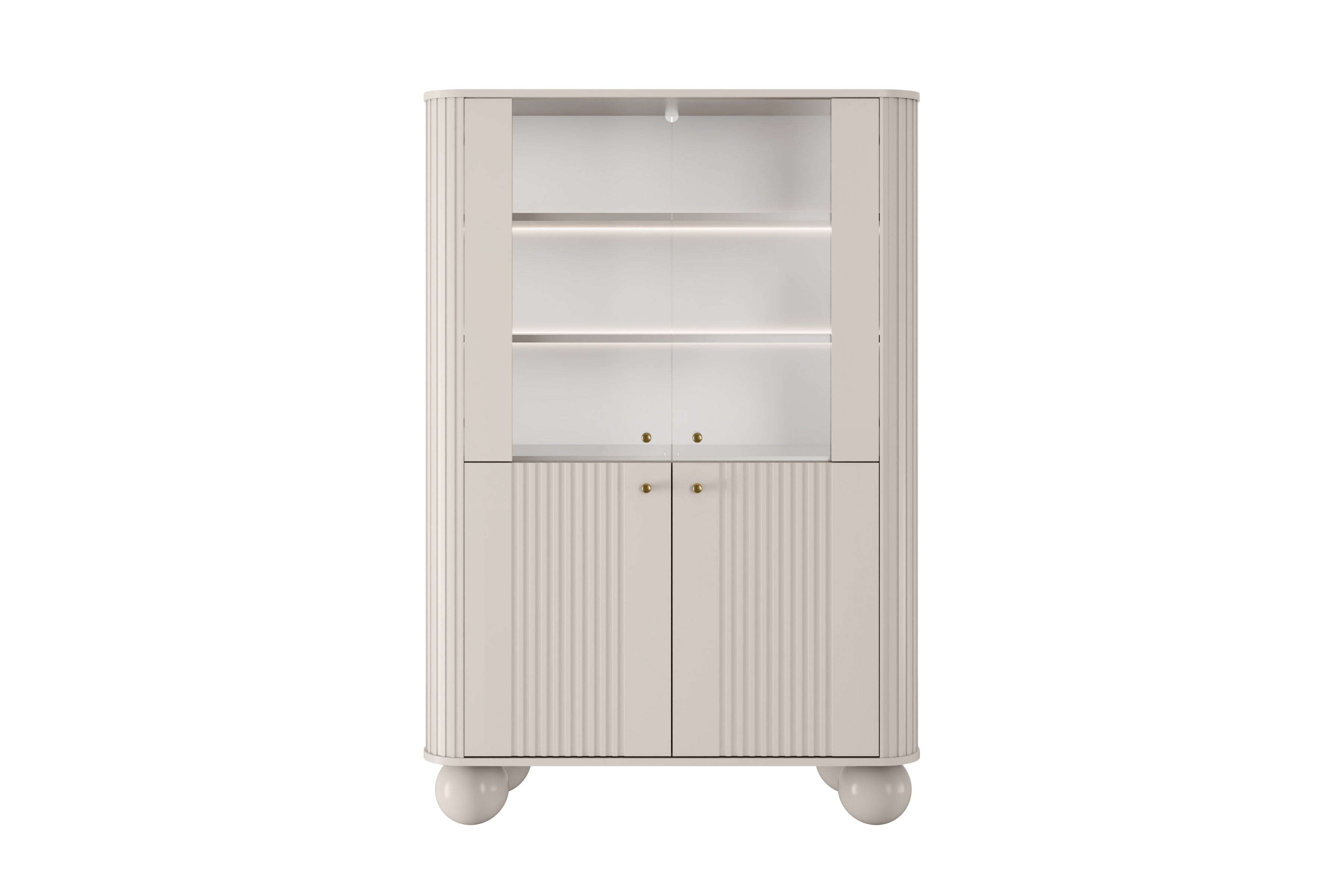 Beżowa witryna Vesper z ryflowanymi frontami, podświetleniem LED – elegancki mebel do salonu i jadalni.