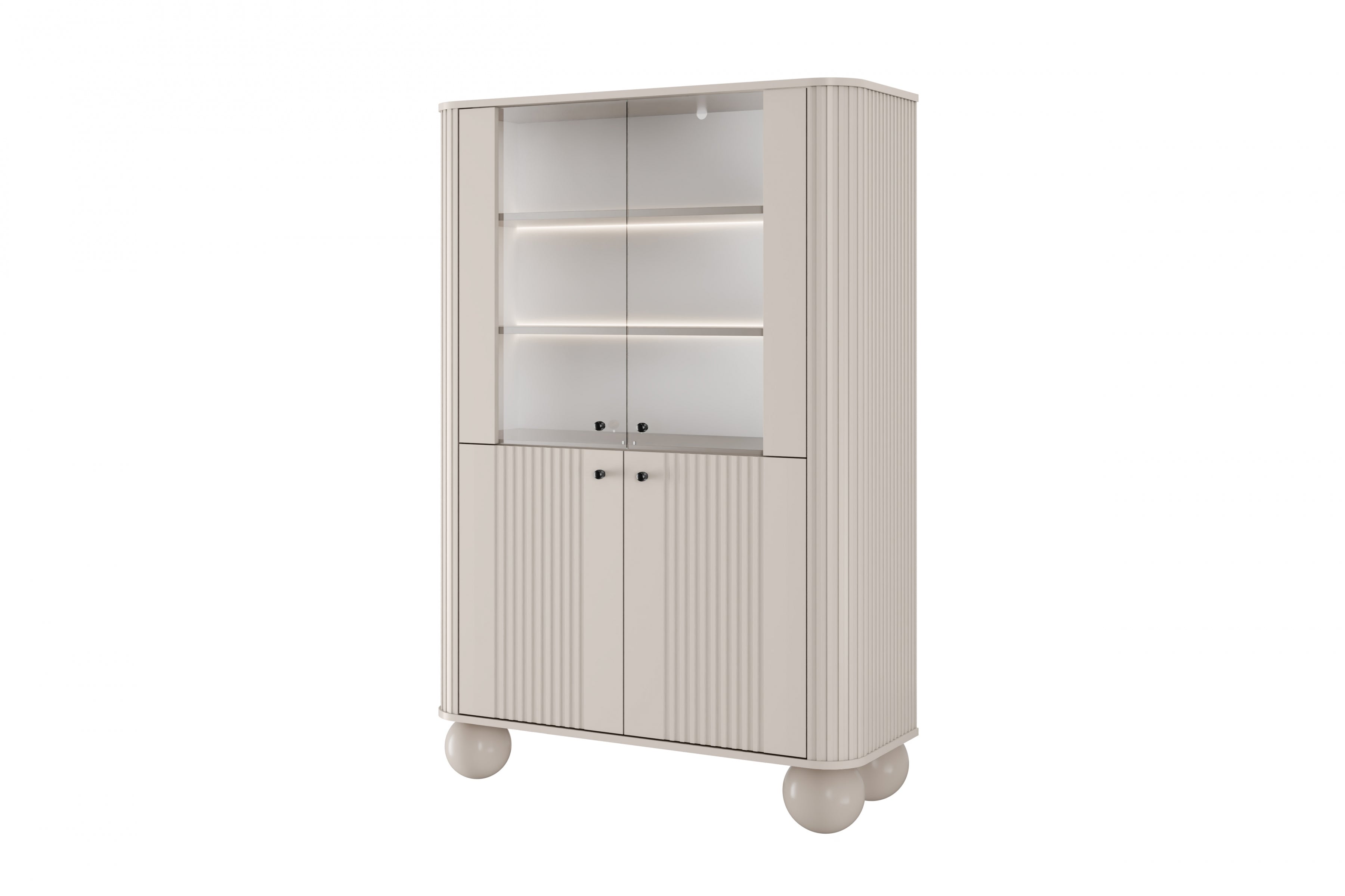 Beżowa witryna Vesper z ryflowanymi frontami, podświetleniem LED elegancki mebel do salonu i jadalni.
