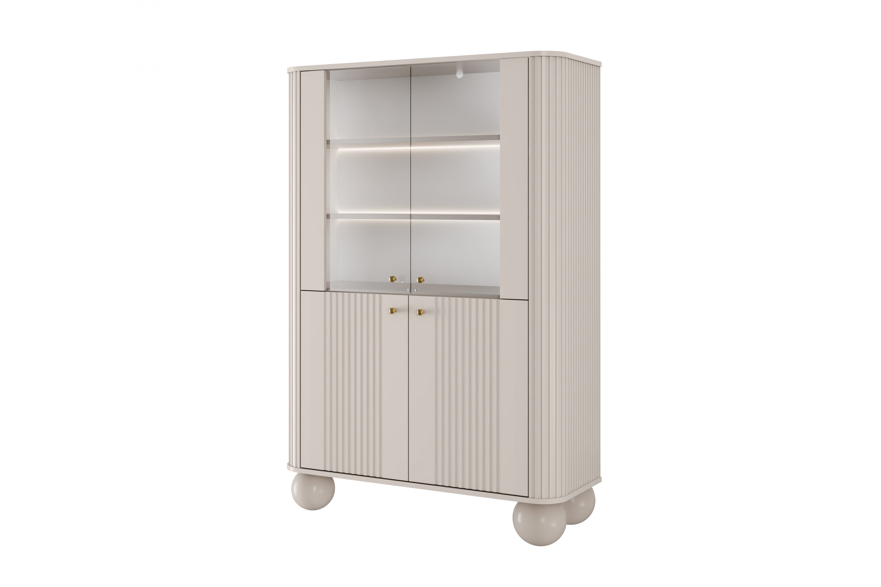 Beżowa witryna Vesper z ryflowanymi frontami, podświetleniem LED – elegancki mebel do salonu i jadalni.