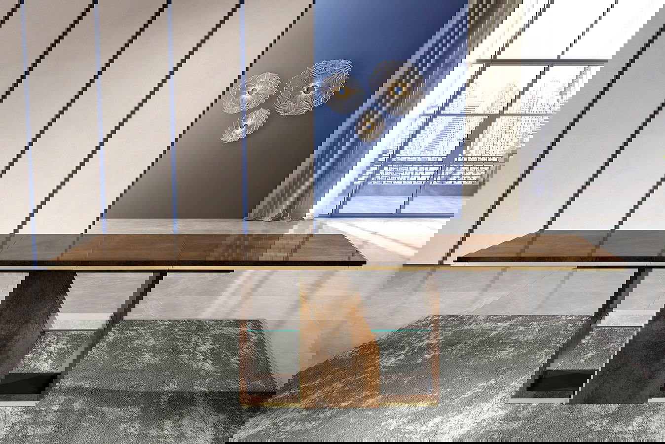 Włoski nowoczesny stół Designe – ciemny blat, geometryczna złota podstawa, luksusowy stół do jadalni