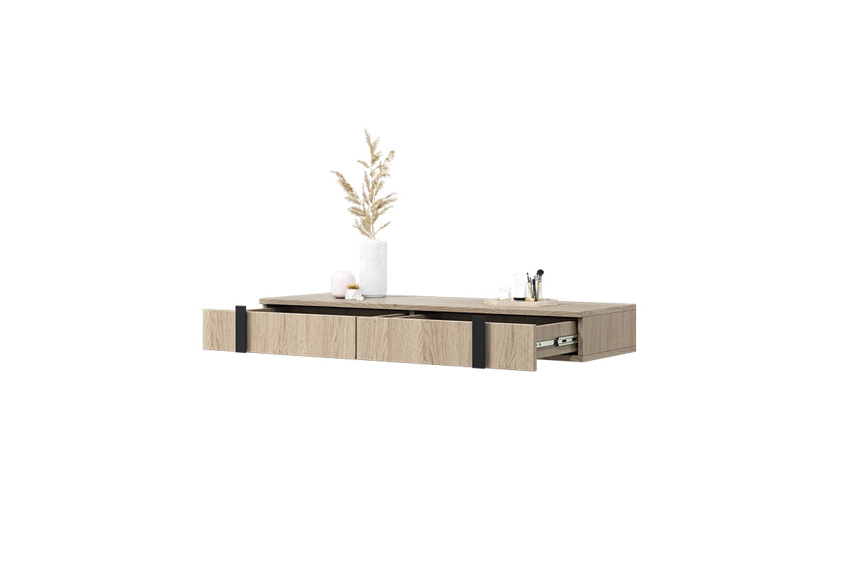 Wisząca konsola / toaletka Verica z szufladami 120 cm - dąb biszkoptowy / czarne uchwyty