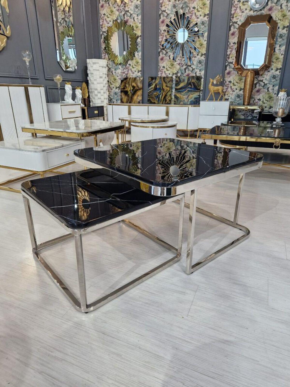ZESTAW 2 STOLIKÓW KAWOWYCH PORTO SREBRO + CZERŃ / ART