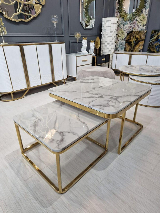 ZESTAW 2 STOLIKÓW KAWOWYCH PORTO ZŁOTO + BIEL / ART