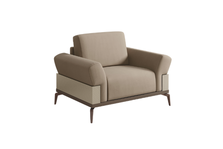 Włoski fotel LINEA w beżowej tkaninie, prążkowane panele boczne, metalowe nogi w kolorze brązu