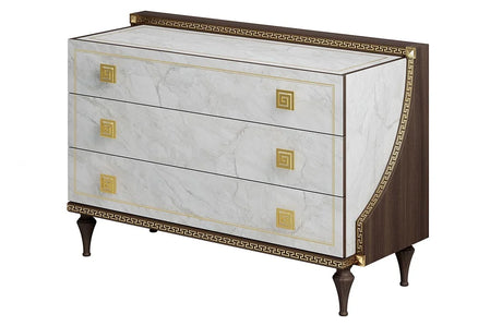 Włoska komoda 3 szufladowa Arredoclassic Romantica w marmurze Carrara i orzechu ze złotymi uchwytami