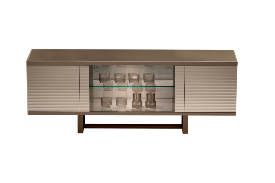 Włoska komoda Linea 218 cm – połysk, szkło, prążkowane fronty, brąz