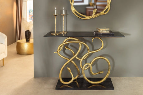 Konsola czarny marmur ze złotym stelażem w kształcie węża, luksusowy design glamour.