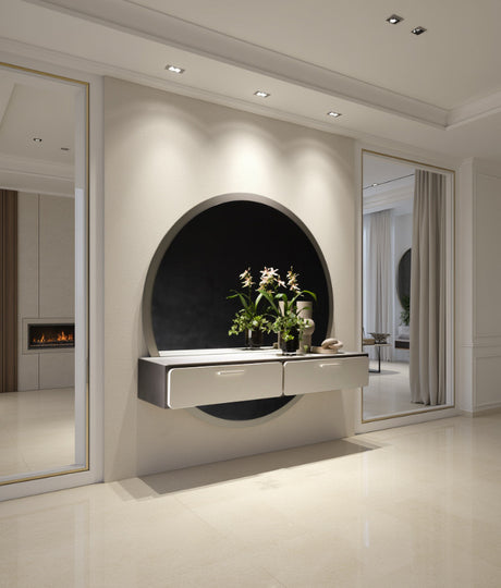 Wisząca konsola Perla z dwiema szufladami, zaokrąglonymi frontami i wykończeniem w kolorze kości słoniowej