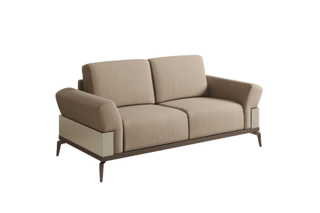 Włoska sofa Linea 2-osobowa w beżowej tkaninie, prążkowane panele boczne, metalowe nogi w kolorze brązu