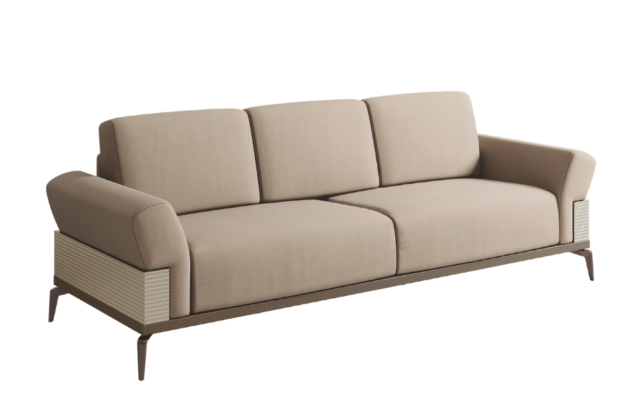 włoska sofa Linea 3-osobowa w beżowej tkaninie, prążkowane panele boczne, metalowe nogi w kolorze brązu
