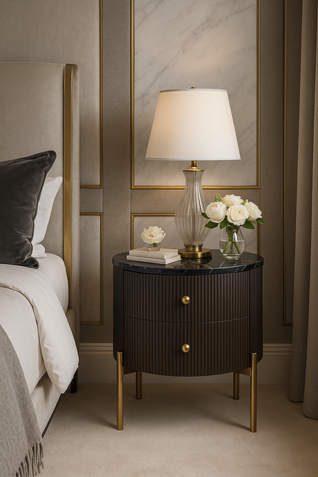 Grafitowa szafka nocna ze złotymi nogami i marmurowym blatem
