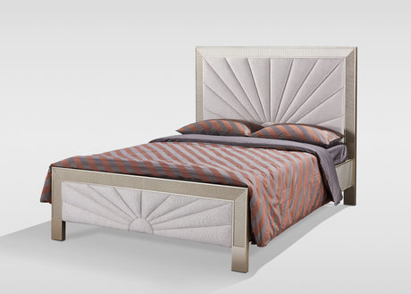 Łóżko tapicerowane Stilig w kolorze szampańskiego złota z beżową tkaniną o strukturze splotu i promienistym wzorem przeszyć, z ryflowanymi detalami i stelażem.